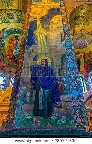 Saint Petersburg, Russia - September 9, 2017: Ornate Interior And Colorful Mosaic Icons Of The Churc