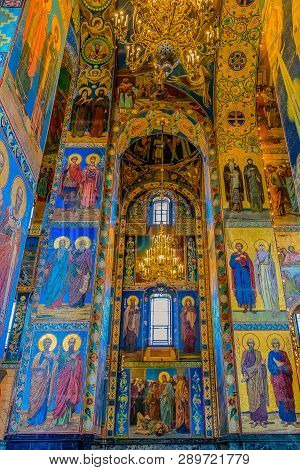 Saint Petersburg, Russia - September 9, 2017: Ornate Interior And Colorful Mosaic Icons Of The Churc