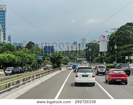 Jakarta, Indonesia - February 16, 2019: Cars Running On Jakarta Inner City Toll Road In Slipi Distri