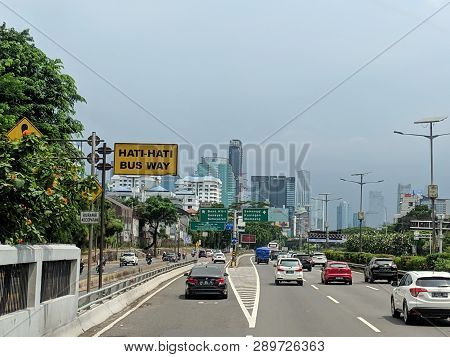 Jakarta, Indonesia - February 16, 2019: Cars Running On Jakarta Inner City Toll Road In Slipi Distri