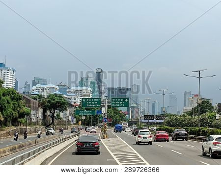 Jakarta, Indonesia - February 16, 2019: Cars Running On Jakarta Inner City Toll Road In Slipi Distri
