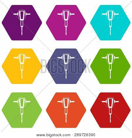 Pneumatic Plugger Hammer Icon Set Many Color Hexahedron Isolated On White Illustration