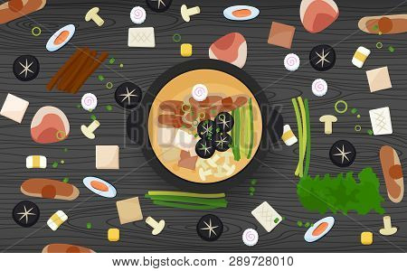 Hotpot And Ingredients On The Wooden Table
