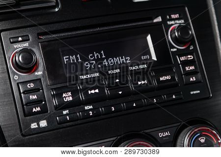 Novosibirsk, Russia - March 15, 2019:  Subaru Forester,close-up Of The Dashboard, Player With Radio,
