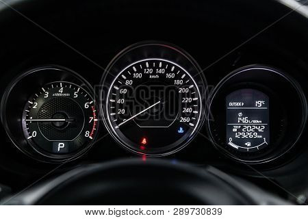 Novosibirsk, Russia - March 15, 2019:  Mazda 6,close-up Of The Dashboard, Speedometer And Tachometer