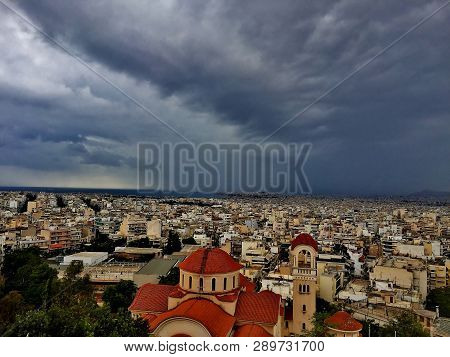 Evening Big City Under A Dark Blue Sky