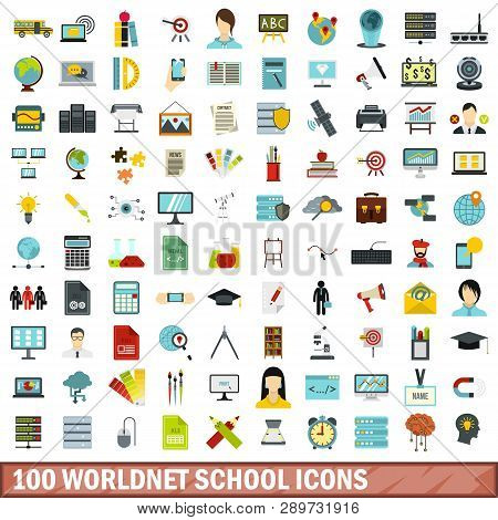 100 Worldnet School Icons Set In Flat Style For Any Design Illustration