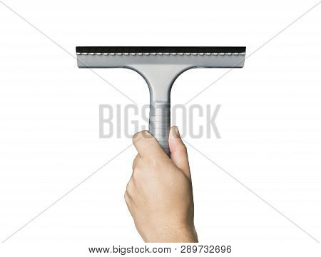 Front View Of Male Hand Holding Wiper Vertically On White Background. Grey Squeegee In Mans Hand Iso
