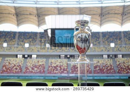 Bucharest, Romania - March 16, 2019: The Original Uefa Euro 2020 Tournament Trophy Is Being Presente
