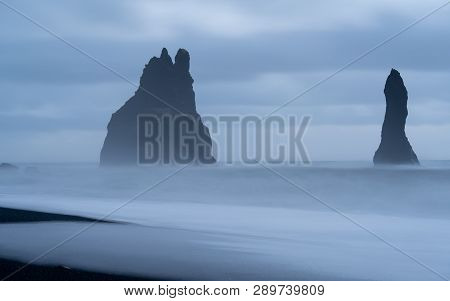 Rock Spire Of Reynisdrangur, Coast Of Reynisfjara Close To Vik, Iceland, Europe
