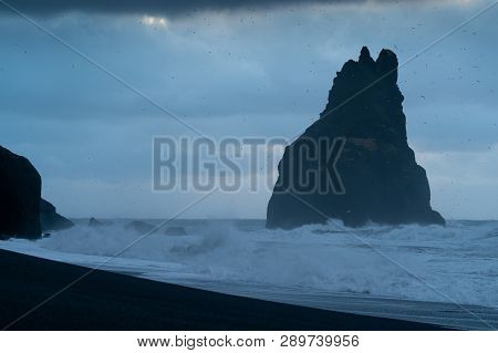 Rock Spire Of Reynisdrangur, Coast Of Reynisfjara Close To Vik, Iceland, Europe