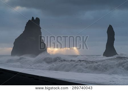 Rock Spire Of Reynisdrangur, Coast Of Reynisfjara Close To Vik, Iceland, Europe