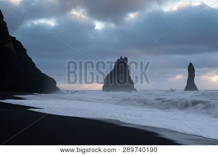 Rock Spire Of Reynisdrangur, Coast Of Reynisfjara Close To Vik, Iceland, Europe