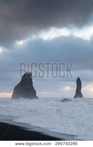 Rock Spire Of Reynisdrangur, Coast Of Reynisfjara Close To Vik, Iceland, Europe
