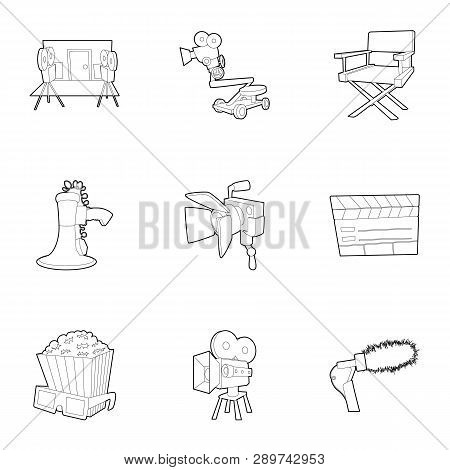 Movie Production Icons Set. Outline Set Of 9 Movie Production Icons For Web Isolated On White Backgr