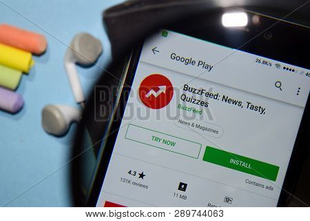Bekasi, West Java, Indonesia. March 16, 2019 : Buzzfeed: News, Tasty Quizzes Dev App With Magnifying