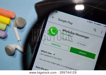 Bekasi, West Java, Indonesia. March 16, 2019 : Whatsapp Messenger Dev App With Magnifying On Smartph