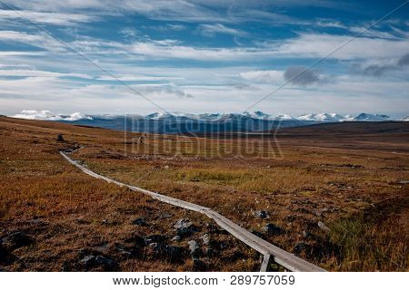A Wooden Path In Beautifull Autumn Sunny Day In Swedish Lapland