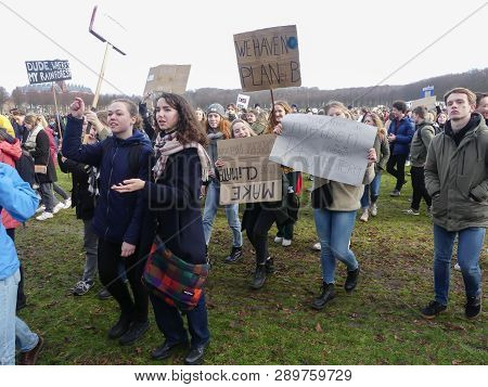 The Hague, The Netherlands - February 7 2019: Students At Anti Climate Change Protest In The Hague W