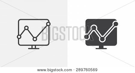 Computer Monitor With Business Graph Icon. Line And Glyph Version, Business Chart Screen Outline And