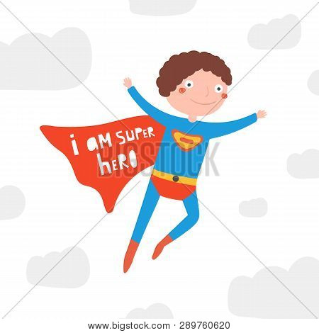 Super Hero Boy Flying In The Sky. Teenger In Red And Blue Costume
