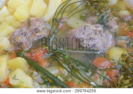 Soup With Meat Dill Potato Carrot At Camp Bonfire Cooking