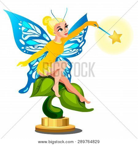 Statue Of A Young Beautiful Fairy Girl With A Magic Wand Isolated On White Background. Vector Cartoo