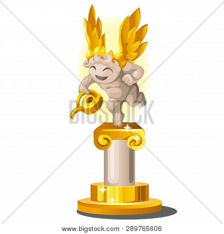 Funny Statue Made Of Gold And Stone In The Form Of An Angel With A Watering Can Isolated On White Ba