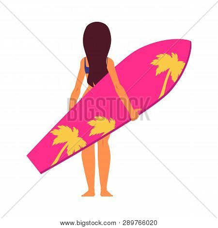Young Woman Surfer In Cartoon Style Standing Backside With Pink Surfboard.