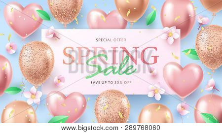 Spring Sale Background. Spring Holiday Card, Banner, Poster Or Flyer With Helium Shine Rose-gold And