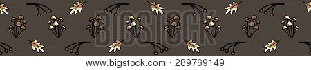 Cute Mushroom And Oak Leaf Cartoon Seamless Vector Border Background.