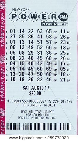 Babylon, New York, Usa - 20 January 2019: New York Powerball Ticket Playing Ten Games With A Cost Of