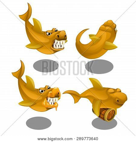 Funny Toothy Fish With A Wooden Barrel Isolated On White Background. Vector Cartoon Close-up Illustr