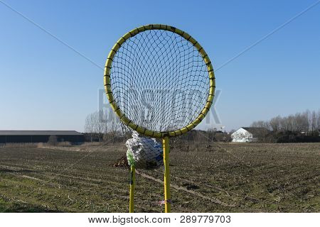 Sint Gillis Waas, Belgium - February 25, 2019: Waste Catcher On The Bike Path. Rubbish Bins For Cycl