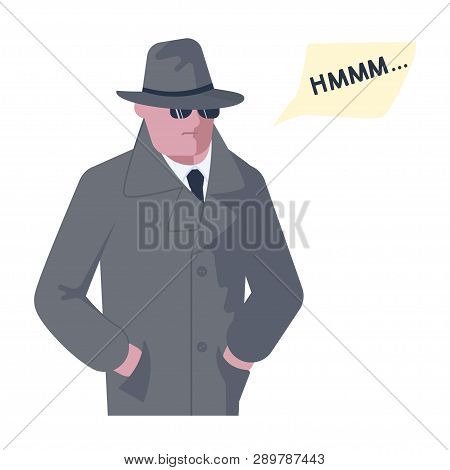 Mysterious Man Wearing A Gray Hat And Coat With A Raised Collar Solves The Riddle Or Problem. Hmm Sp