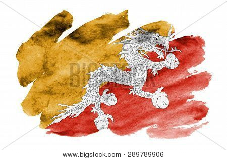 Bhutan Flag  Is Depicted In Liquid Watercolor Style Isolated On White Background