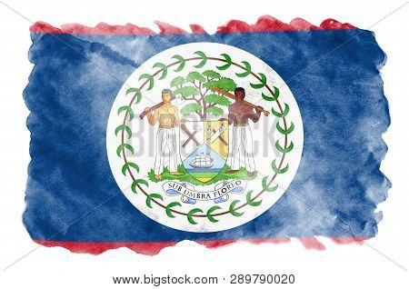 Belize Flag  Is Depicted In Liquid Watercolor Style Isolated On White Background