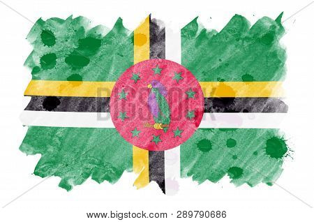 Dominica Flag  Is Depicted In Liquid Watercolor Style Isolated On White Background