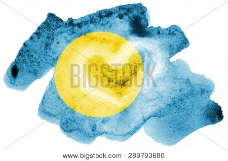 Palau Flag  Is Depicted In Liquid Watercolor Style Isolated On White Background