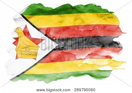 Zimbabwe Flag  Is Depicted In Liquid Watercolor Style Isolated On White Background