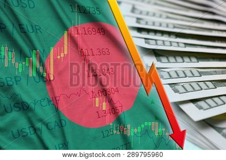 Bangladesh Flag And Chart Falling Us Dollar Position With A Fan Of Dollar Bills
