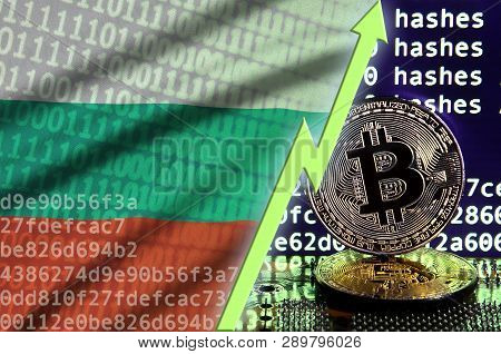 Bulgaria Flag And Rising Green Arrow On Bitcoin Mining Screen And Two Physical Golden Bitcoins