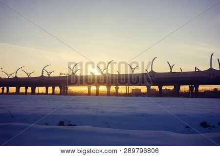 Road At Sunset Bypass. City Expressway. Detour Urban Traffic Jams. Sunset Road