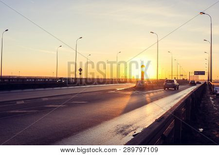 Road At Sunset Bypass. City Expressway. Detour Urban Traffic Jams. Sunset Road