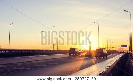 Road At Sunset Bypass. City Expressway. Detour Urban Traffic Jams. Sunset Road