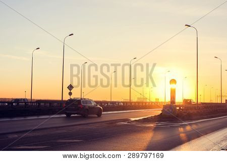 Road At Sunset Bypass. City Expressway. Detour Urban Traffic Jams. Sunset Road