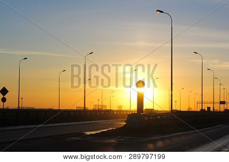 Road At Sunset Bypass. City Expressway. Detour Urban Traffic Jams. Sunset Road