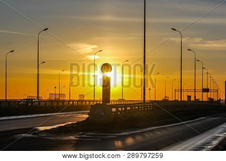 Road At Sunset Bypass. City Expressway. Detour Urban Traffic Jams. Sunset Road