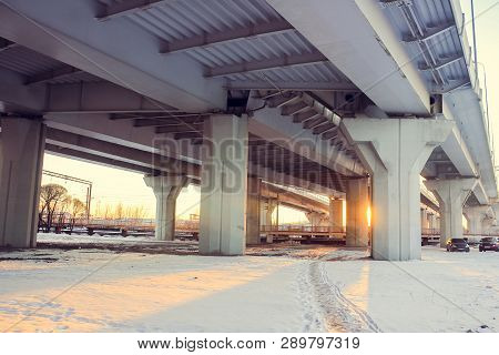 Road At Sunset Bypass. City Expressway. Detour Urban Traffic Jams. Sunset Road
