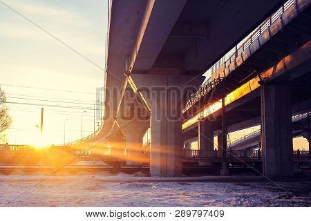 Road At Sunset Bypass. City Expressway. Detour Urban Traffic Jams. Sunset Road